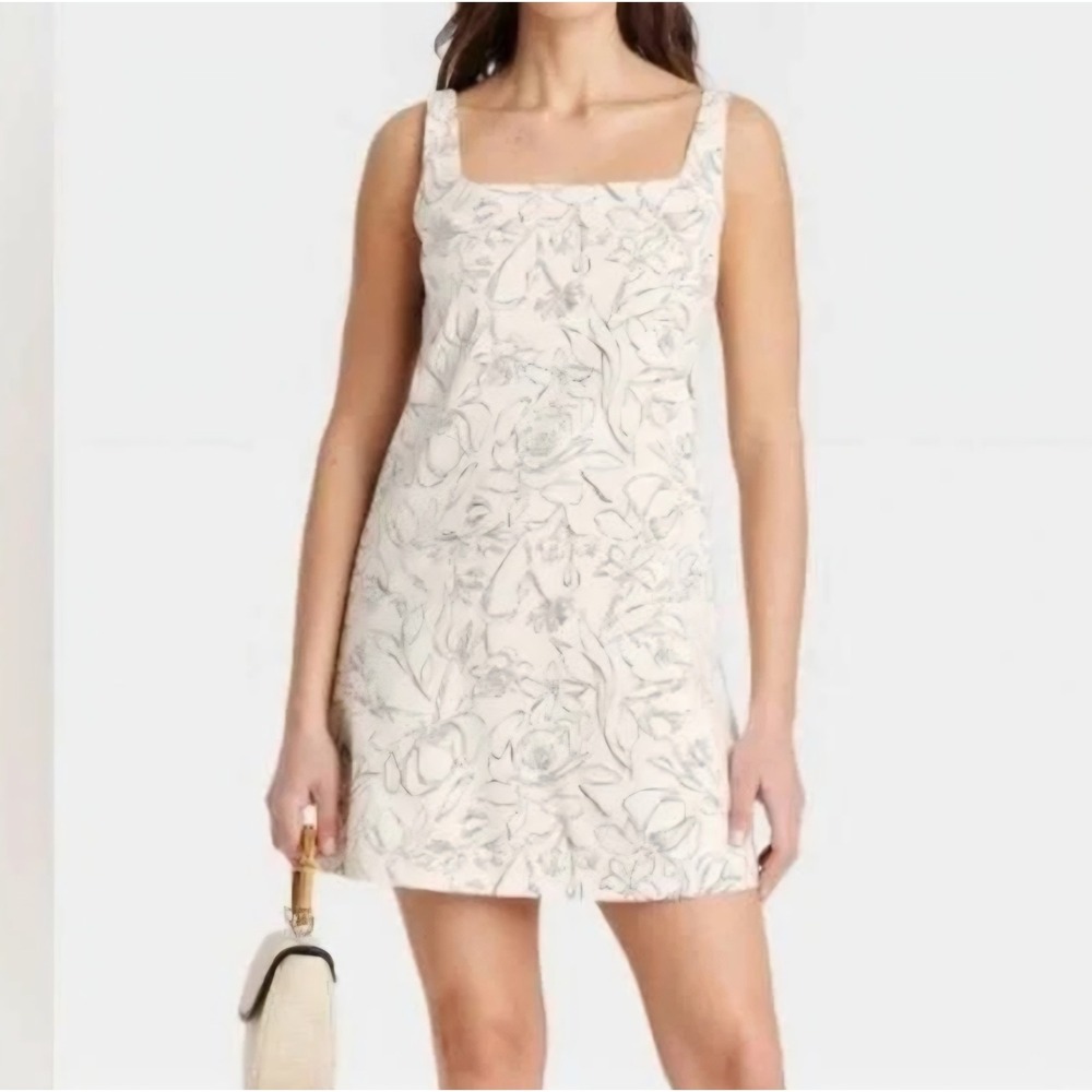 A New Day Women Cream Black Floral Line Art Cotton Linen Square Neck Shift Dress